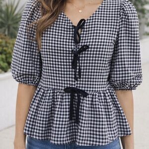 Monteau Black and White Checkered Peplum Blouse